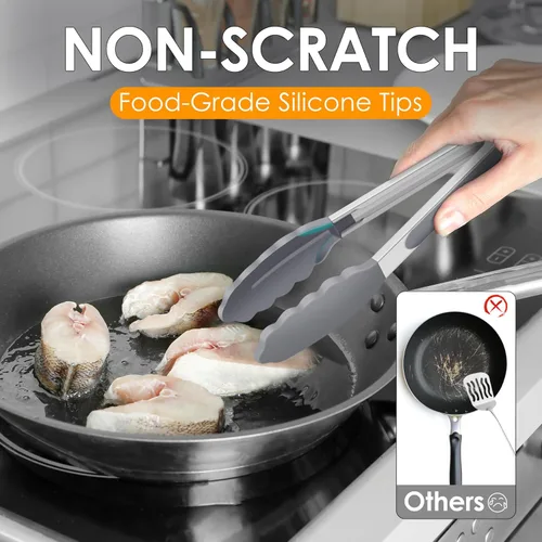 Miniatura 8 de HOTEC Pinzas de Cocina Premium de Acero Inoxidable con Bloqueo con Puntas de Silicona, Juego de 2-9" y 12" Gris Claro Paquete de 2: gris claro