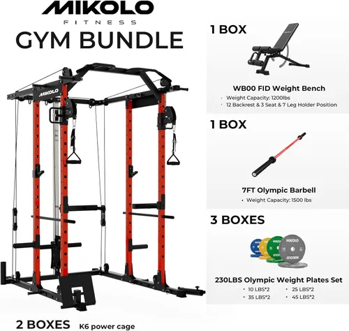 Miniatura 2 de Mikolo Jaula de Potencia, Rack de Potencia con Sistema de Cruce de Cables, 1500LBS Rack para Sentadillas con Sistema de Jalón LAT, Jaula de Rojo