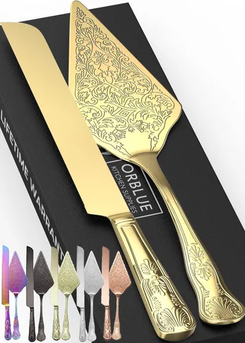 Miniatura 12 de Orblue Juego de cuchillo y servidor para pastel de boda, juego de corte de alta calidad, bellamente grabado, elegante recuerdo para recién casados
