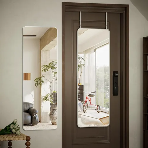 Miniatura 15 de BEAUTYPEAK Espejo de Puerta Ajustable en Altura de 16" x 50", Espejo Colgante de Cuerpo Entero Sobre la Puerta con Vidrio Templado Irrompible