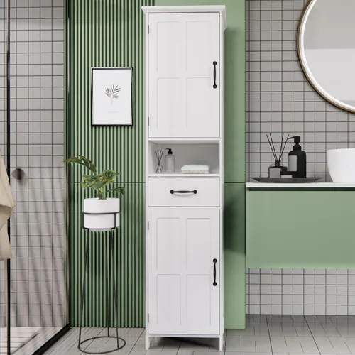 Locsear Armario de almacenamiento alto para baño, armarios de baño blancos independientes, armario de almacenamiento estrecho con estantes