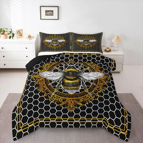 Miniatura 11 de Erosebridal Honey Bee - Juego de edredón tamaño individual, color negro y dorado, juego de edredón de animales lindos con diseño geométrico de panal