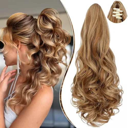 Miniatura 14 de Extensión de cola de caballo de 18 pulgadas, rizado, ondulado, con clip, extensiones de cabello largo sintético para mujer, color marrón claro