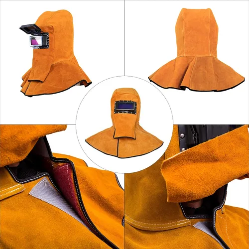 Miniatura 8 de Máscara de soldadura de cuero, capucha de cuero con capucha de soldador, casco de soldador con lente de filtro de oscurecimiento automático, casco