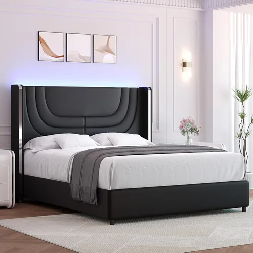 Miniatura 11 de REVOMINCA Base de cama individual con luces LED, plataforma tapizada de piel sintética con cabecera de ala plateada, estilo moderno, no necesita