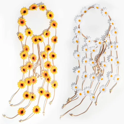 Miniatura 4 de Sucrain 2 diademas hippie de flores, corona floral, accesorios para el cabello de girasol de verano para los años 70, estilo bohemio para mujeres