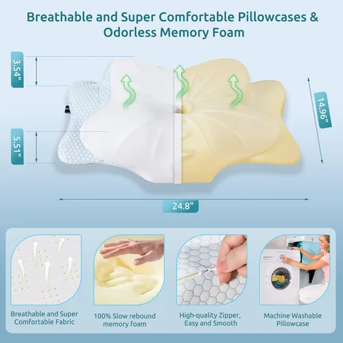 Miniatura 2 de DONAMA - Almohada cervical ortopédica para alivio de dolor del cuello, espuma viscoelástica contorneada, soporte ergonómico para dormir de lado, Azul