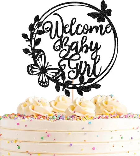 Decoración de pastel de bienvenida para bebé, decoración de pastel de baby shower, con purpurina negra, decoración de pastel de bebé, fiesta de