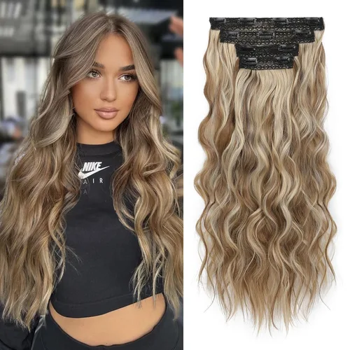 Miniatura 26 de REECHO Extensiones de cabello con pinza, 4 piezas de extensiones de cabello rubio de 24" de largo, ondas de playa gruesas, HE003, trama de encaje