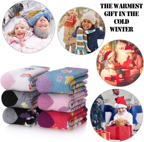 Miniatura 6 de MQELONG Calcetines de lana para niños y niñas, de invierno, de lana cálida, para senderismo, botas gruesas, calcetines acogedores, 6 pares