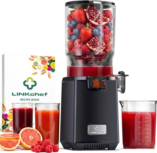 LINKChef Exprimidores de prensa en frío, 5.118 in de diámetro y capacidad de 1.8 L, exprimidores de frutas y verduras enteras, exprimidor lento de