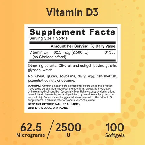 Miniatura 6 de Jarrow Formulas vitamina D3, 2500 IU, 100 cápsulas blandas, D2500, 1, 1