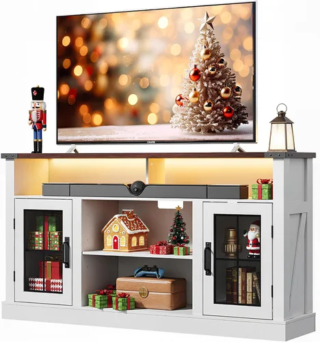 Miniatura 14 de WLIVE Soporte de TV estilo granja para TV de 65 pulgadas, centro de entretenimiento alto con luces LED y gabinetes de almacenamiento, mesa consola