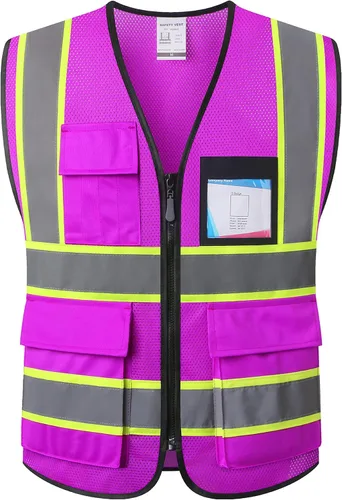 Chaleco de seguridad reflectante para hombres y mujeres, chaleco de alta visibilidad con 8 bolsillos, chaleco reflectante de malla de alta Púrpura