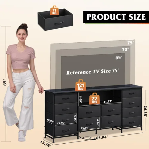 Miniatura 6 de WLIVE Cómoda de 12 cajones para dormitorio, cómoda negra para TV de 65, 70, 75 pulgadas con luz LED y estación de carga, cómoda ancha con estantes