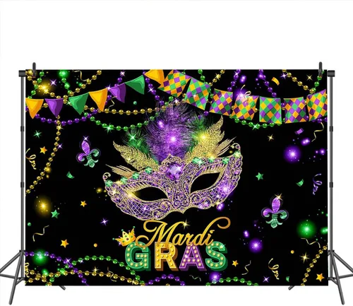 Miniatura 3 de Mocsicka Mardi Gras - Telón de fondo con purpurina dorada y verde púrpura, máscara de fiesta de máscaras, decoración de fiesta de carnaval, baile