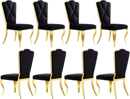 Miniatura 18 de Juego de 2 sillas de comedor de terciopelo negro y dorado, sillas de cocina tapizadas con respaldo alto con patas de acero inoxidable pulido, sillas