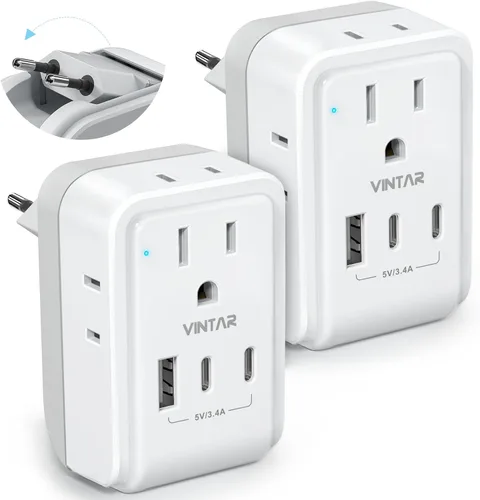 Paquete de 2 adaptadores de enchufe de viaje europeo, VINTAR Adaptador de alimentación internacional plegable con 4 tomas de corriente AC, 3 puertos