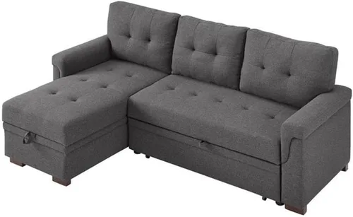 Miniatura 3 de BOWERY HILL Sofá cama modular reversible de lino gris acero con almacenamiento, tapicería de mezcla de algodón, cama extraíble, cojines copetudos