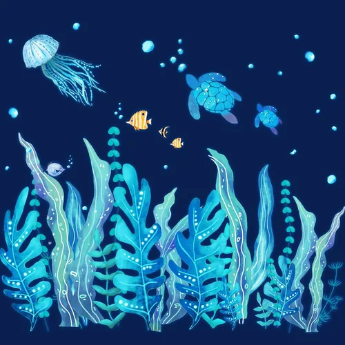 Miniatura 8 de Tenare 5 hojas de calcomanías de pared de tortuga marina oceánica, calcomanías de bajo el mar, algas, hierba, medusas, peces, calcomanías de vinilo