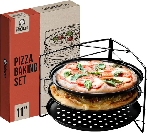 Chef Pomodoro Juego de pizza para hornear con 3 bandejas para pizza y estante para pizza, (sartenes de 11 pulgadas), bandejas perforadas