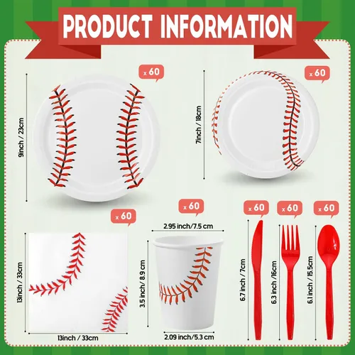 Miniatura 2 de Domensi 420 platos de papel y servilletas para fiesta de béisbol, vasos de papel, cuchillos de plástico, tenedores, cucharas, juego de vajilla