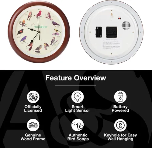Miniatura 3 de Mark Feldstein, Audubon - Reloj de pared con diseño de pájaro cantante, 13 pulgadas, cereza prémium