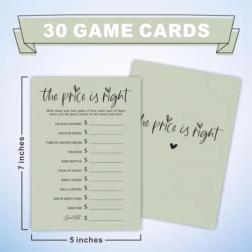 Miniatura 2 de Juego de Baby Shower "The Price Is Right" - Minimalismo Verde Musgo - 30 Tarjetas de Juego de Doble Cara Estilo Rellenar, Revelación de Género