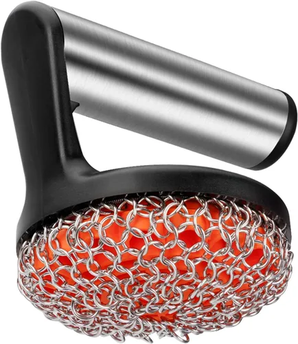 Skyflame Limpiador de hierro fundido con asa, limpiador de malla de acero inoxidable para sartenes y sartenes - Utensilios de cocina de hierro