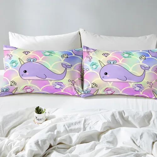 Miniatura 5 de Funda de edredón de ballena de sirena tamaño individual, funda de edredón de ballena unicornio morado para niñas, funda de edredón de escamas
