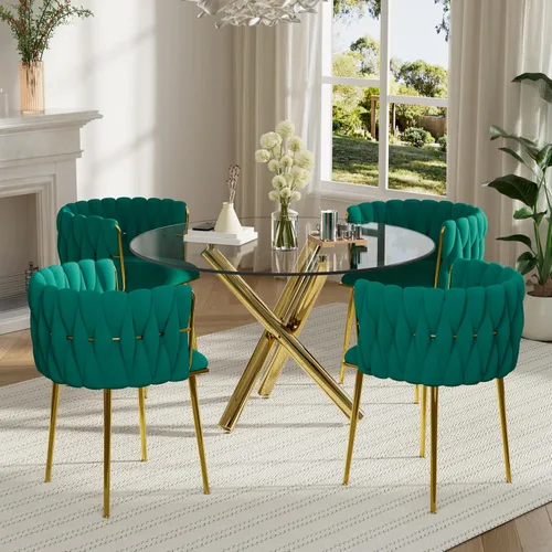 Miniatura 22 de Juego de mesa redonda dorada para 4, juego de mesa de comedor de 39'' con tapa de vidrio transparente, juego de mesa de cocina circular moderna de 5