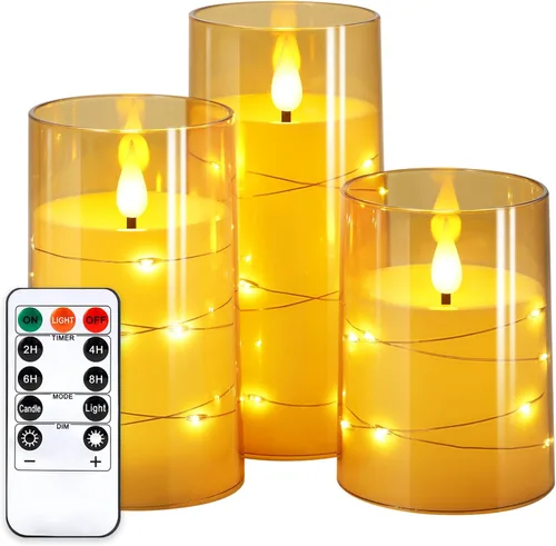 NURADA Velas Parpadeantes Sin Llama: Velas LED de Pilar de Acrílico con Luces de Cadena de Estrellas Integradas Operadas por Batería con Control