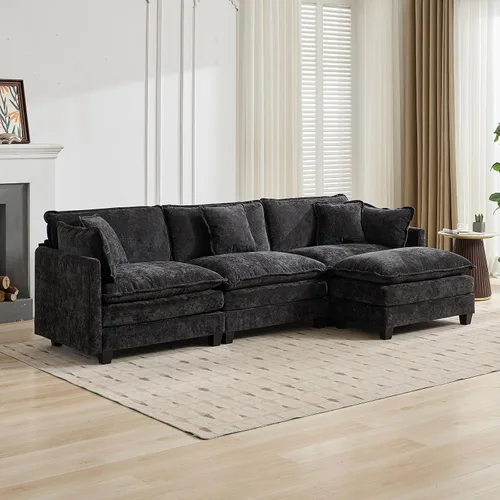 Miniatura 4 de Sofá modular negro de 111.5 pulgadas, sofás seccionales grandes de 3 plazas para sala de estar, sofá nube de tela de felpilla de gran