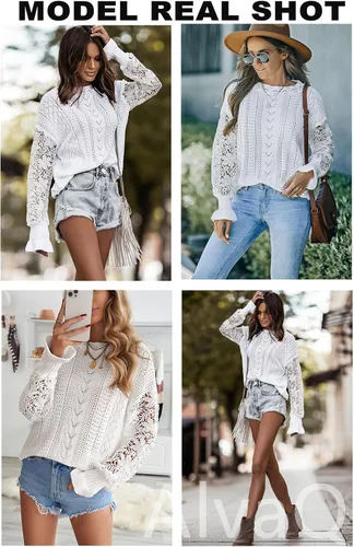 Miniatura 5 de AlvaQ - Suéter para mujer, de encaje de ganchillo, manga larga, cuello redondo, tejido de punto para invierno, sin botones