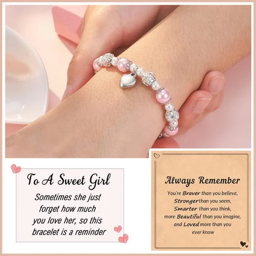 Miniatura 2 de HGDEER 100% Natural Stone Adjustable Bracelets, Pink Zebra Jasper Heart Charm Jewelry, Trendy Birthday Teen Girl Gift Ideas with Quote Card & Gift