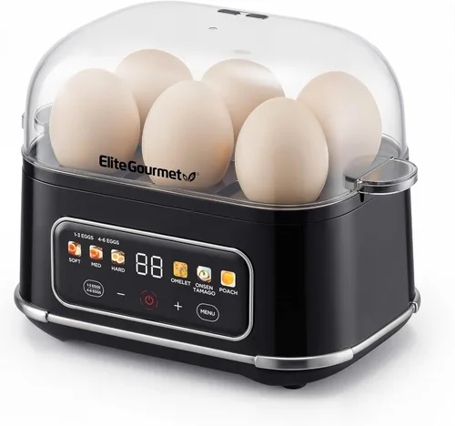 Elite Gourmet Olla digital para huevos, capacidad para 6 huevos, suave/medio/duro, tamago onsen, escalfado y tortilla, menú de un toque, alerta Negro
