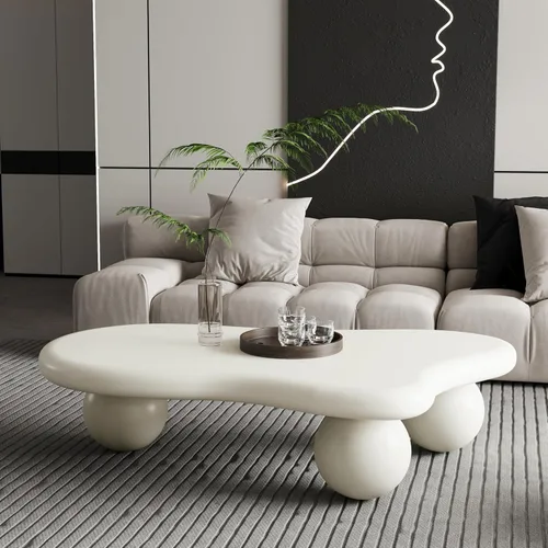 Miniatura 10 de Mesa de centro moderna de 35 pulgadas, con forma de pétalo, mesa de centro baja, linda mesa de té irregular para interiores con 3 patas de bola