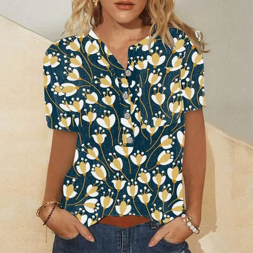 Miniatura 4 de Camisetas de verano para mujer, estilo casual, de algodón, de lino, estampadas, holgadas, de manga corta