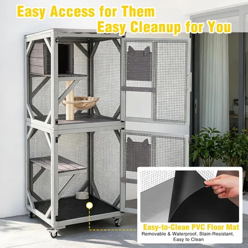 Miniatura 4 de Aivituvin Catio - Caja para gatos con ruedas, casa para gatos al aire libre con techo resistente a la intemperie, 3 plataformas, jaula portátil