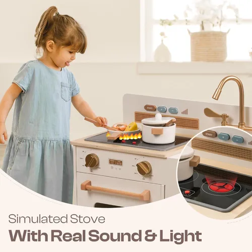 Miniatura 5 de ROBOTIME Juego de cocina para niños pequeños, juego de cocina de madera para niños con luces reales y sonidos/dispensador de cubitos de hielo, Blanco