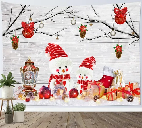 Miniatura 12 de HVEST Tapiz navideño de invierno para colgar en la pared, muñeco de nieve divertido con sombrero azul y tapices de regalo de Navidad, tapiz de pino