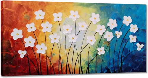 Yihui Arts Pintura al óleo pintada a mano con flores texturizadas sobre lienzo, arte de pared floral blanco abstracto colorido para sala de estar,