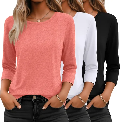 Miniatura 31 de Ficerd Paquete de 3 camisetas de manga 3/4 para mujer, cuello redondo, camisetas básicas elegantes, casuales, modernas, holgadas