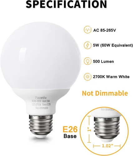 Miniatura 2 de Paquete de 4 bombillas LED de color blanco cálido para baño, equivalente a 120 V 60 vatios, base media E26, bombillas redondas de tocador, bombillas