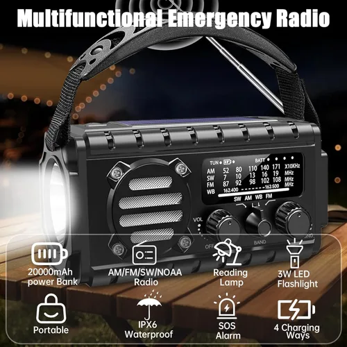 Miniatura 7 de Aivica Radio de Emergencia de 20000mAh, Radio Meteorológica SW/NOAA/AM/FM, Cargador de Manivela Solar con Batería Grande, Portátil, Carga