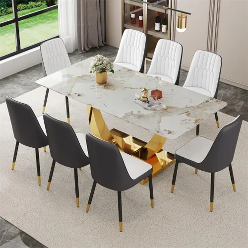 Miniatura 31 de Juego de mesa de comedor para 4, mesa de comedor de mármol sintético de 63 pulgadas con patas y base de acero inoxidable, sillas acolchadas