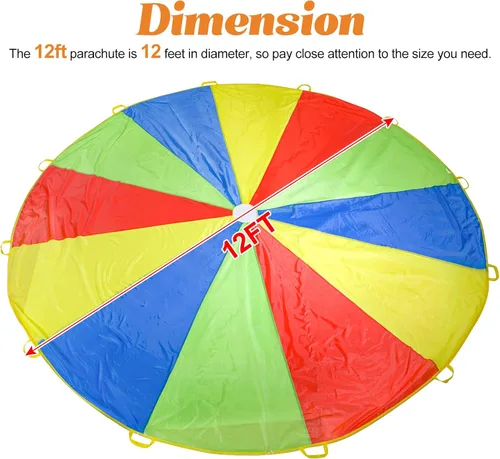 Miniatura 5 de Paracaídas Sonyabecca, paracaídas de juego de 10 pies, 12 pies, 16 pies con 12 asas, 20 pies, 24 pies con 16 asas para juego de cooperación en grupo