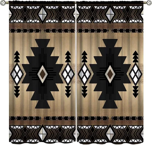 Miniatura 20 de Cortinas aztecas, patrón étnico tribal nativo del suroeste, estilo bohemio occidental, geométrico, tratamientos de ventana para sala de estar, juego