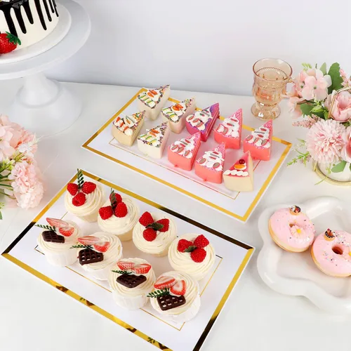 Miniatura 6 de Mwellewm 12 bandejas de plástico blanco para servir con borde dorado, bandejas rectangulares de postre de 14 x 9 pulgadas para mesa de postre