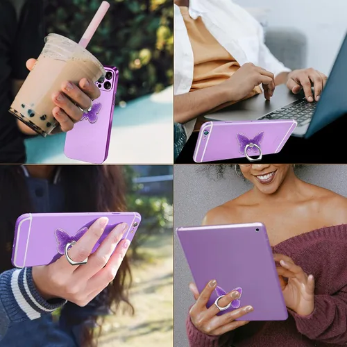 Miniatura 6 de TACOMEGE Soporte para teléfono con purpurina brillante, diseño de mariposa, color morado para mujeres y niñas, compatible con smartphone, tableta
